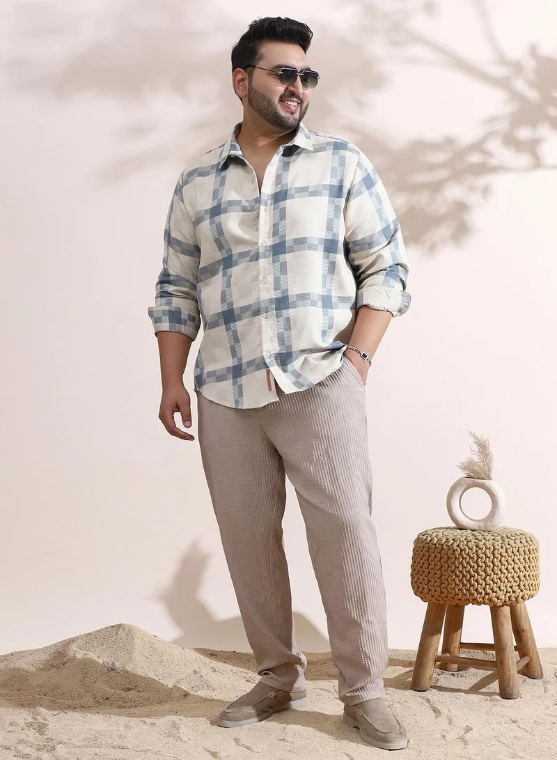 Instafab Plus Instafab Plus Men's Icy Blue & Daisy White Block-Graph Shirt For Casual Wear | Spread Collar | Long Cuffed Sleeves | Button Closure | Plus Size Shirt Crafted With Comfort Fit For Everyday Wear