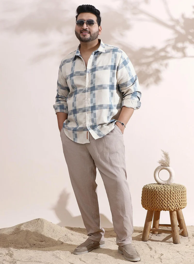 Instafab Plus Instafab Plus Men's Icy Blue & Daisy White Block-Graph Shirt For Casual Wear | Spread Collar | Long Cuffed Sleeves | Button Closure | Plus Size Shirt Crafted With Comfort Fit For Everyday Wear