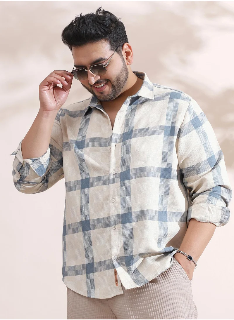 انستافاب بلس Instafab Plus Men's Icy Blue & Daisy White Block-Graph Shirt For Casual Wear | Spread Collar | Long Cuffed Sleeves | Button Closure | Plus Size Shirt Crafted With Comfort Fit For Everyday Wear
