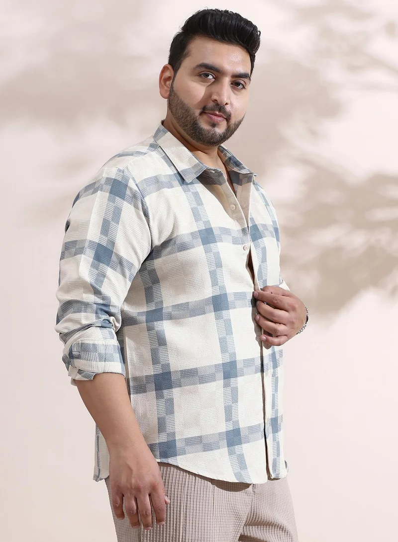 Instafab Plus Instafab Plus Men's Icy Blue & Daisy White Block-Graph Shirt For Casual Wear | Spread Collar | Long Cuffed Sleeves | Button Closure | Plus Size Shirt Crafted With Comfort Fit For Everyday Wear