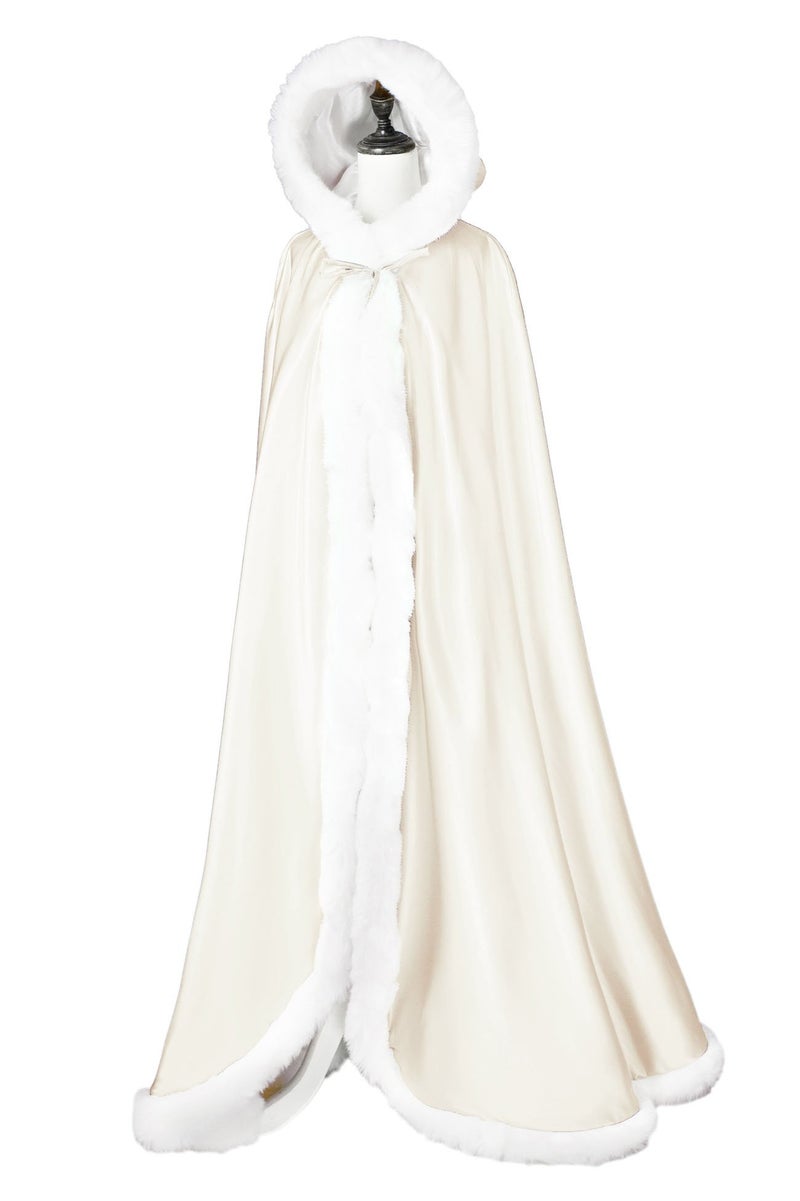 BEAUTELICATE Wedding Cape Hooded Cloak for Bride Winter Reversible with Fur Trim Free Hand Muff Length 55" Ivory - Image 2
