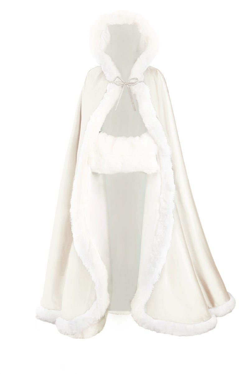 BEAUTELICATE Wedding Cape Hooded Cloak for Bride Winter Reversible with Fur Trim Free Hand Muff Length 55" Ivory - Image 1