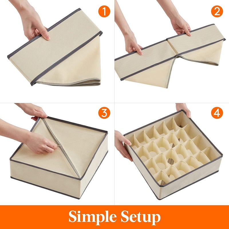 AR Mall AR Mall 2 Pack Closet Sock Underwear Organizer with Linen Textured 24 Cell Collapsible Drawer Divider Cabinet Storage Boxes for Storing Socks Lingerie Underwear Clothes Ties Belts BEIGE - Image 3