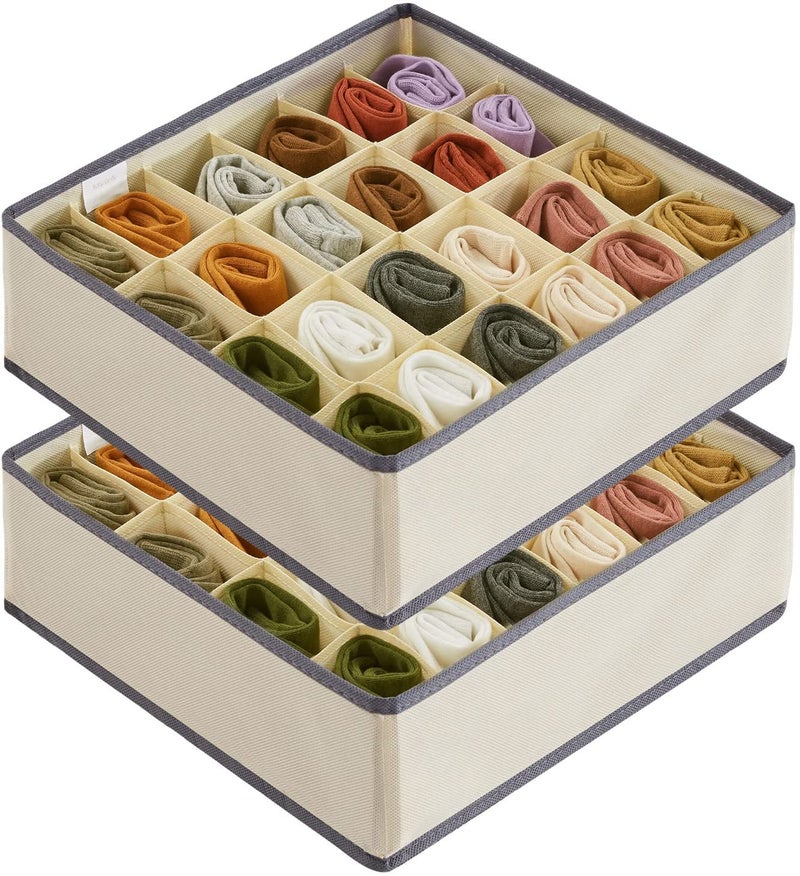 AR Mall AR Mall 2 Pack Closet Sock Underwear Organizer with Linen Textured 24 Cell Collapsible Drawer Divider Cabinet Storage Boxes for Storing Socks Lingerie Underwear Clothes Ties Belts BEIGE - Image 1