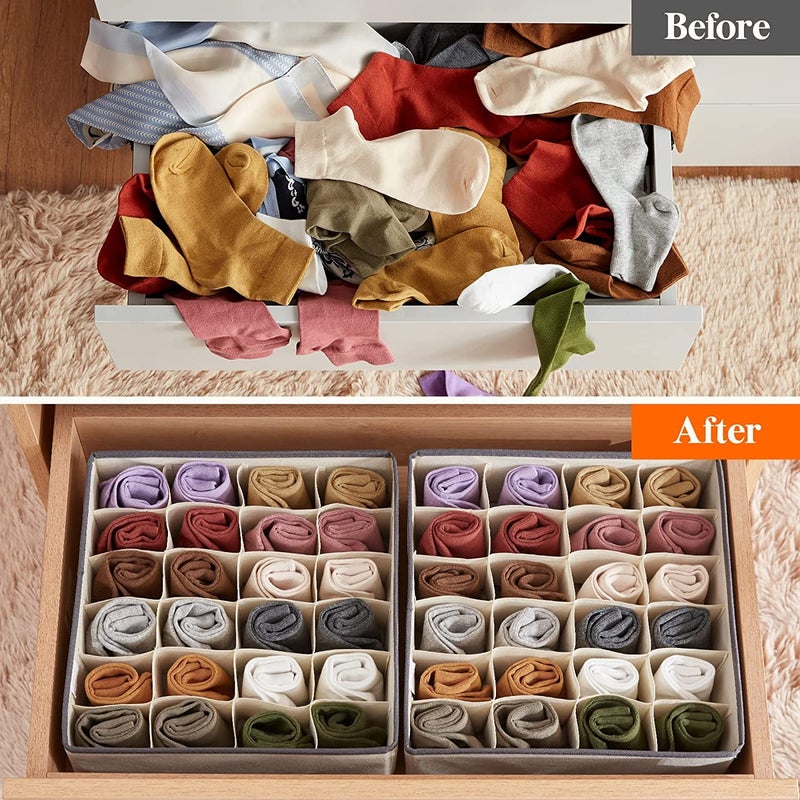AR Mall AR Mall 2 Pack Closet Sock Underwear Organizer with Linen Textured 24 Cell Collapsible Drawer Divider Cabinet Storage Boxes for Storing Socks Lingerie Underwear Clothes Ties Belts BEIGE - Image 4