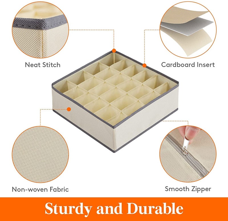 AR Mall AR Mall 2 Pack Closet Sock Underwear Organizer with Linen Textured 24 Cell Collapsible Drawer Divider Cabinet Storage Boxes for Storing Socks Lingerie Underwear Clothes Ties Belts BEIGE - Image 2