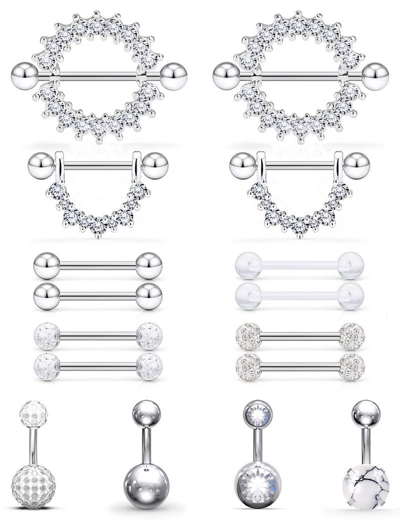Hoeudjo 16PCS 14G Surgical Steel Nipple Rings Tongue Belly Button Rings CZ Barbell Body Piercing Jewelry Retainer for Women Men Silver-Tone - Image 1