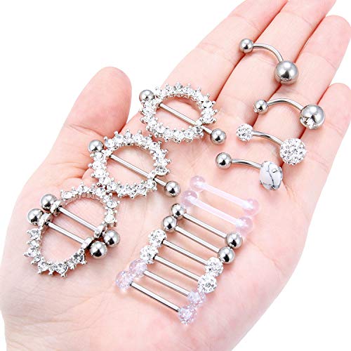 Hoeudjo 16PCS 14G Surgical Steel Nipple Rings Tongue Belly Button Rings CZ Barbell Body Piercing Jewelry Retainer for Women Men Silver-Tone - Image 3