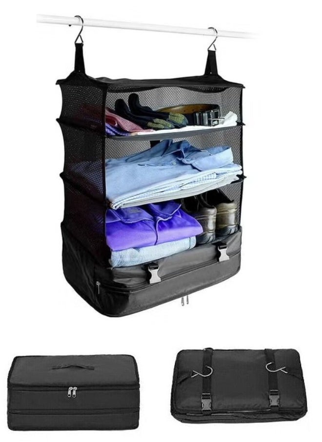 FALMER Portable Foldable 3-Tier Travel Shelf Organizer with Hanging Hook and Compressed Bag - Black  - Image 1
