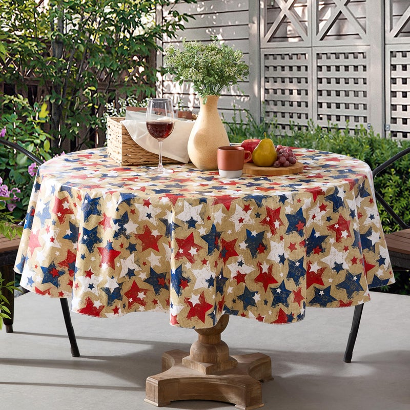 Newbridge 70 Inch Round Vinyl Flannel Backed Tablecloth Burlap Patriotic Stars Print IndoorOutdoor Vinyl Table Cloth Red White and Blue American Stars