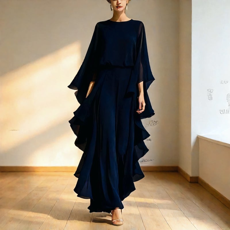Women's Chiffon Blouse Flared Sleeve Straight Leg Pants Set with Ruffle Trim - Image 3