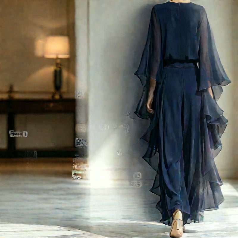 Women's Chiffon Blouse Flared Sleeve Straight Leg Pants Set with Ruffle Trim - Image 4