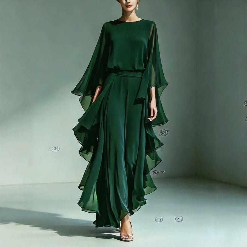 Women's Chiffon Blouse Flared Sleeve Straight Leg Pants Set with Ruffle Trim - Image 2