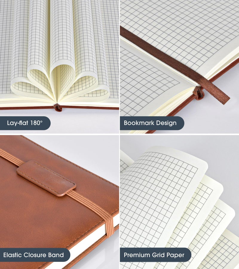 Biuwory Graph Paper Notebook Journal for Women Men,140 Pages Hardcover Grid Notebooks for Work & School,Leather Journals for Writing, Graphing Paper Notebook 5.7"×8.3" (Brown) - Image 4