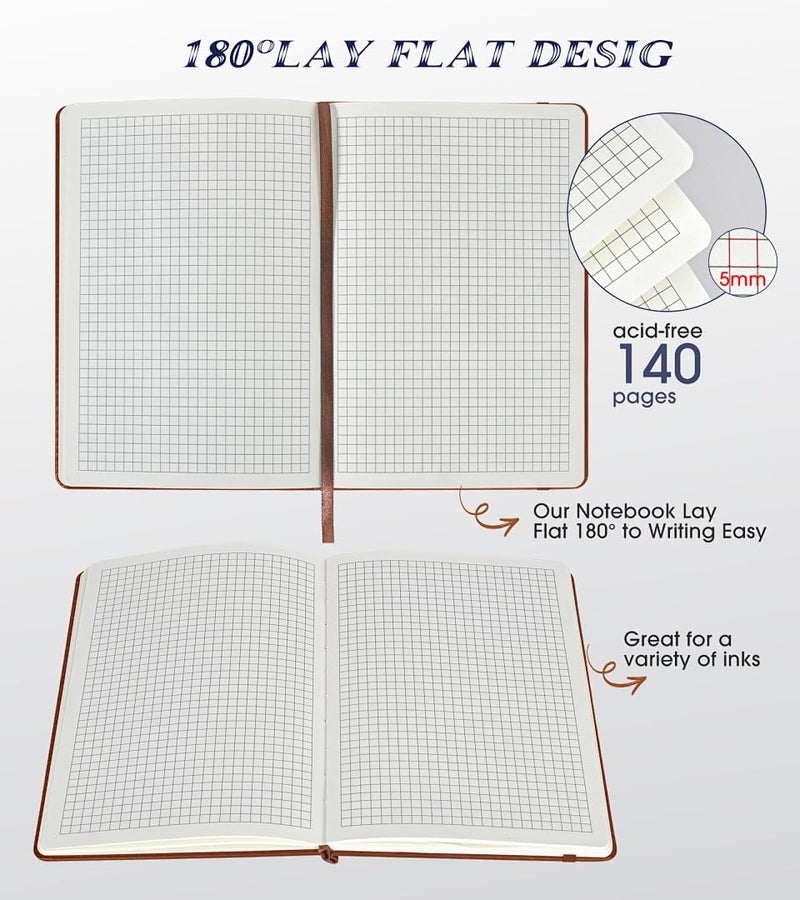 Biuwory Graph Paper Notebook Journal for Women Men,140 Pages Hardcover Grid Notebooks for Work & School,Leather Journals for Writing, Graphing Paper Notebook 5.7"×8.3" (Brown) - Image 5