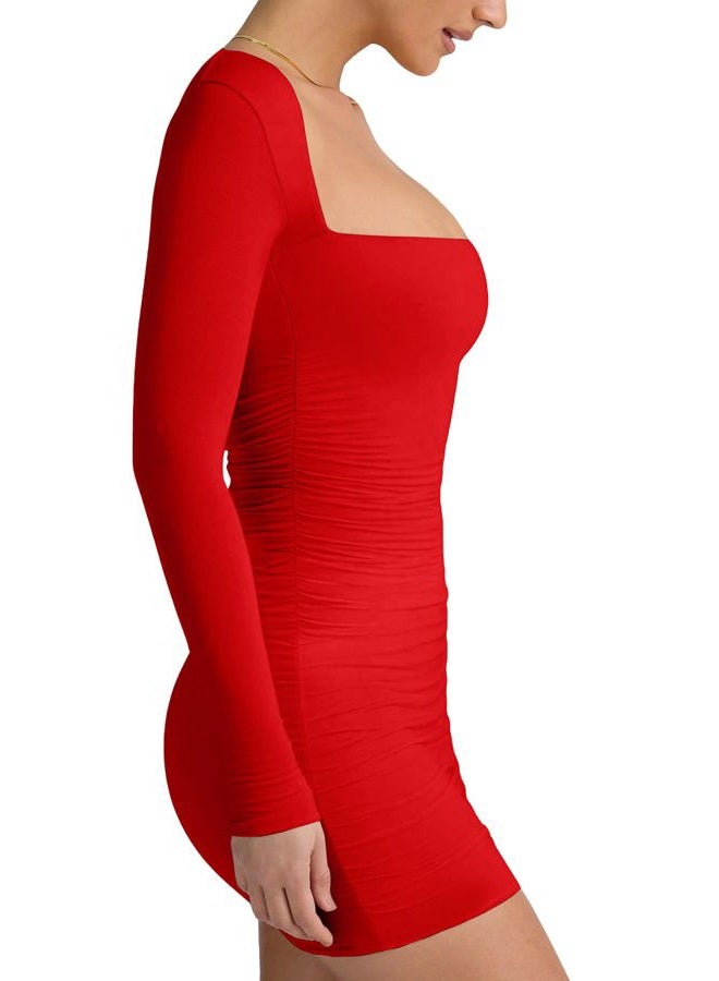 LCNBA Women's Long Sleeve Square Neck Ruched Bodycon Mini Dress, Red, S - Image 2