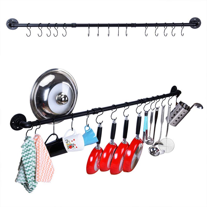 WuGeShop 504 inch Hanging Pot Rack Wall Mounted Pot Pans Hanging Rail Industrial Long Pot Pan Bar With 15 S Hooks Black Pot Hangers Kitchen Pot and Pan Hanging Rack