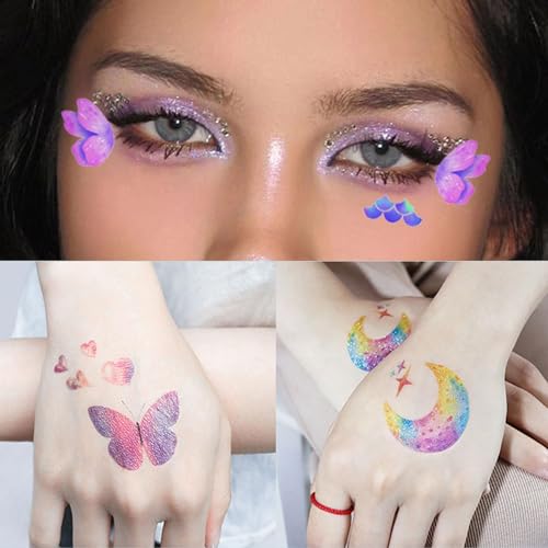 TecoKart 12 Sheets Butterfly Temporary Tattoo For Women, Waterproof Multicolor Mehndi Tattoo Stickers For Hands Face Body, Glitter Tattoo Sticker For Kids, Girls Party Eyes Make-Up Fake Tattoos Kits - Image 4