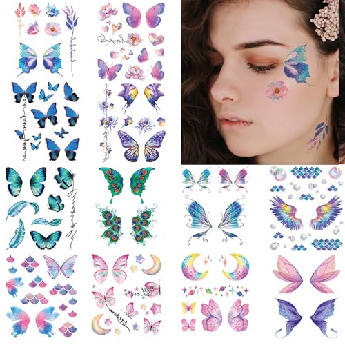 TecoKart 12 Sheets Butterfly Temporary Tattoo For Women, Waterproof Multicolor Mehndi Tattoo Stickers For Hands Face Body, Glitter Tattoo Sticker For Kids, Girls Party Eyes Make-Up Fake Tattoos Kits - Image 1
