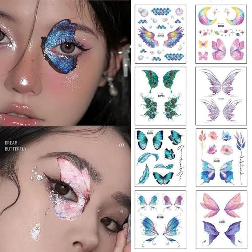 TecoKart 12 Sheets Butterfly Temporary Tattoo For Women, Waterproof Multicolor Mehndi Tattoo Stickers For Hands Face Body, Glitter Tattoo Sticker For Kids, Girls Party Eyes Make-Up Fake Tattoos Kits - Image 2