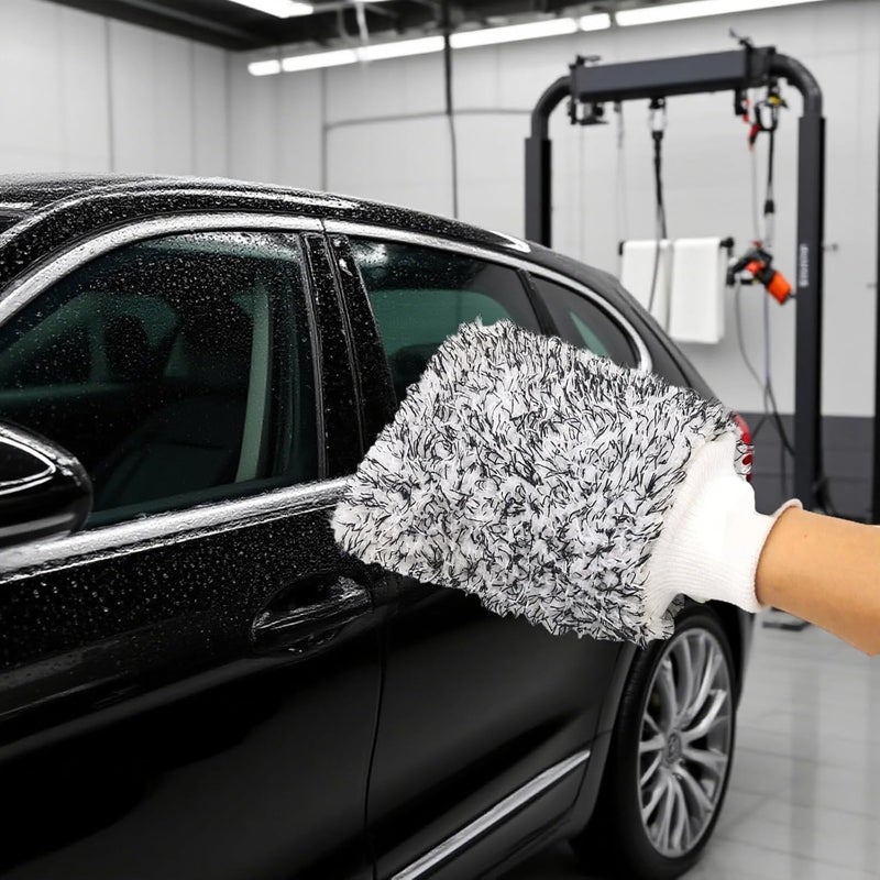 Microfiber Coral Plush Car Wash Mitt, Double-Sided Cleaning Glove, Black and White, Blackline Drying Towel, Ultra-Absorbent, Heavy-Duty, Handy Design - Image 3