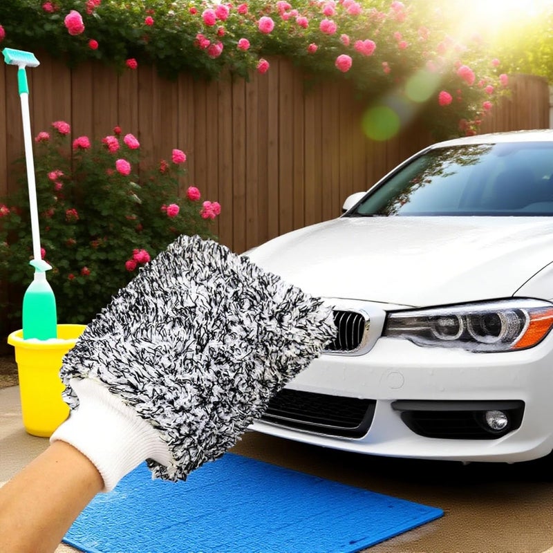 Microfiber Coral Plush Car Wash Mitt, Double-Sided Cleaning Glove, Black and White, Blackline Drying Towel, Ultra-Absorbent, Heavy-Duty, Handy Design - Image 2