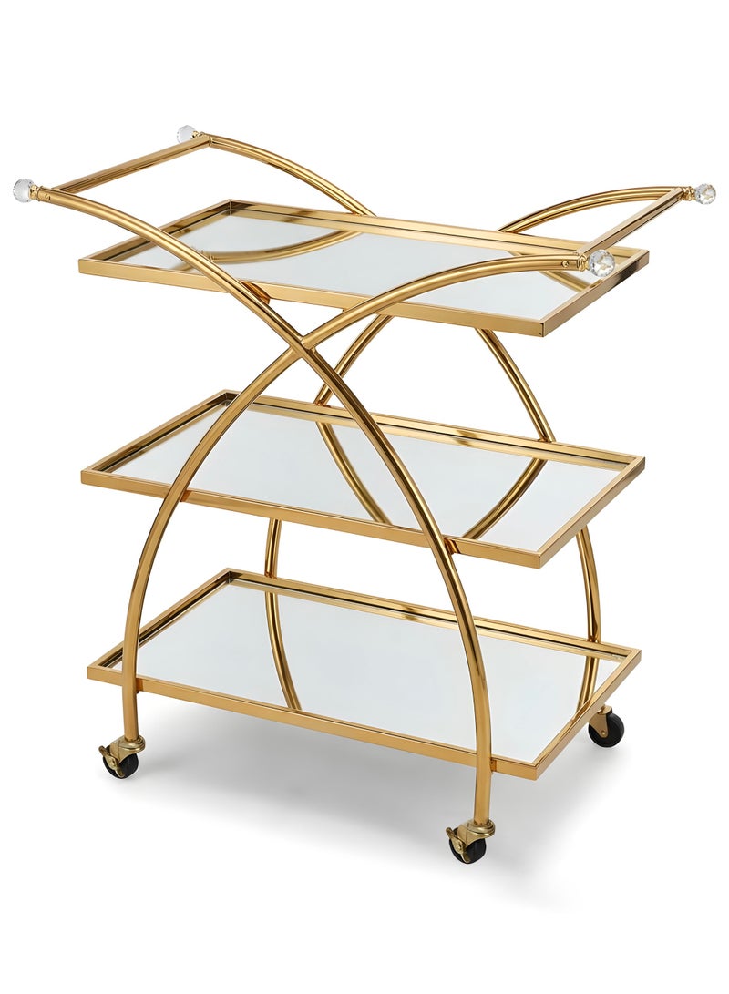 Life Smile Luxury Gold 3-Tier Serving Trolley with Mirror Glass Shelves – 89x43x90 cm Rolling Bar Cart with Crystal Accents – Multi-Purpose Food Storage Trolley - Image 1
