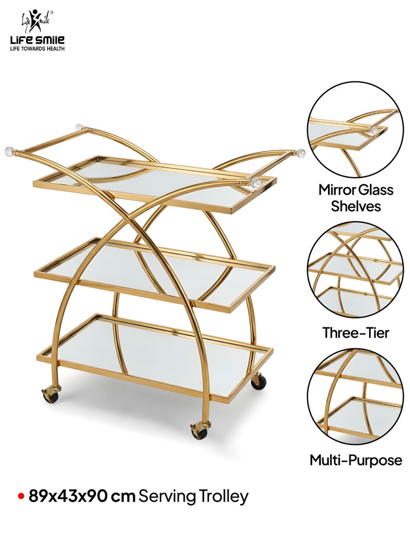 Life Smile Luxury Gold 3-Tier Serving Trolley with Mirror Glass Shelves – 89x43x90 cm Rolling Bar Cart with Crystal Accents – Multi-Purpose Food Storage Trolley - Image 2