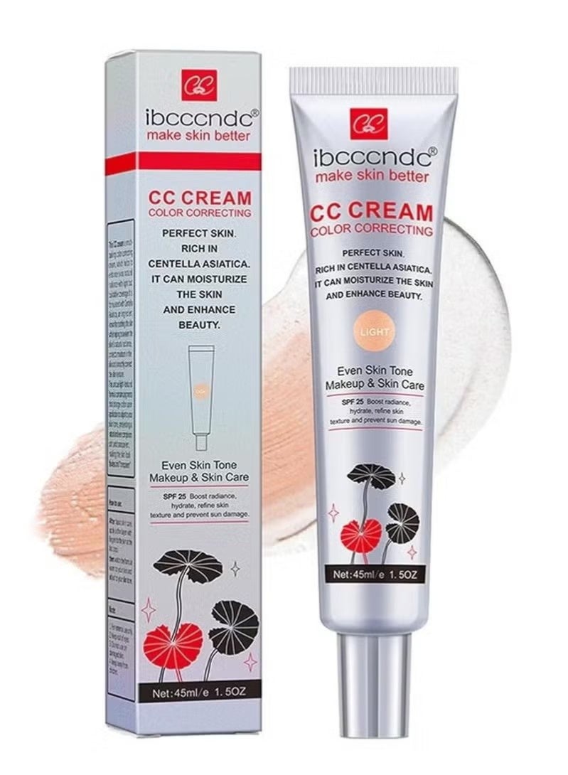 ibcccndc Colour Correcting CC Cream with Centella Asiatica Full Coverage Foundation with SPF 25, Even Skin Tone Makeup and Skin Care, Long Lasting and Hydrating Concealer, Light 45 ml - Image 1