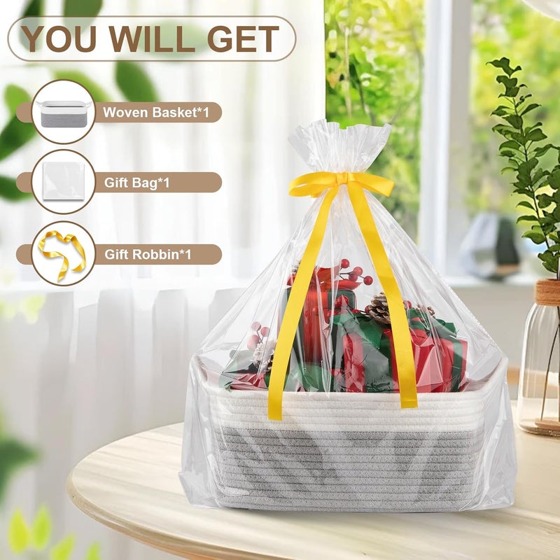 OIAHOMY Small Woven Rope Basket with Gift Bags and Ribbons Gift basket Empty for Baby shower Birthday Halloween Christmas Cute Cat Ear Handles for Shelf Living Room Bathroom Grey  White - Image 4