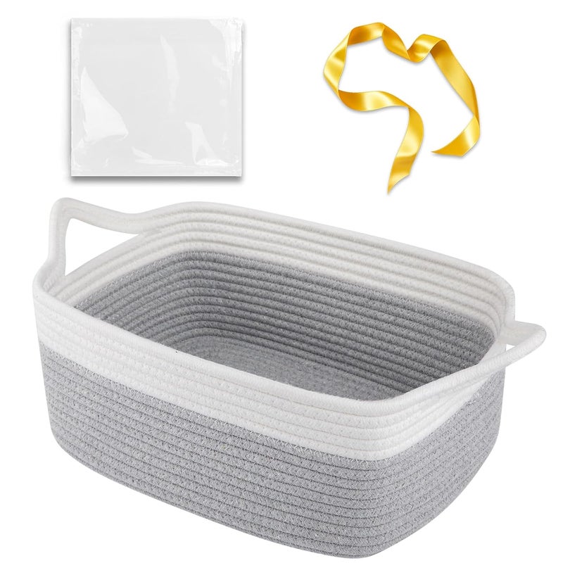 OIAHOMY Small Woven Rope Basket with Gift Bags and Ribbons Gift basket Empty for Baby shower Birthday Halloween Christmas Cute Cat Ear Handles for Shelf Living Room Bathroom Grey  White - Image 1