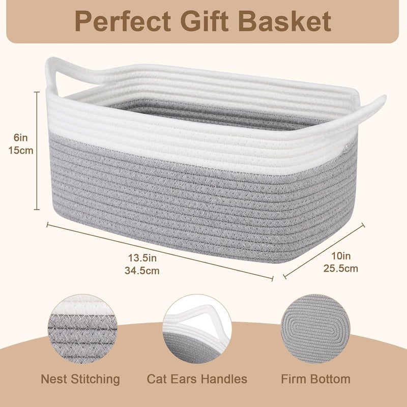 OIAHOMY Small Woven Rope Basket with Gift Bags and Ribbons Gift basket Empty for Baby shower Birthday Halloween Christmas Cute Cat Ear Handles for Shelf Living Room Bathroom Grey  White - Image 3