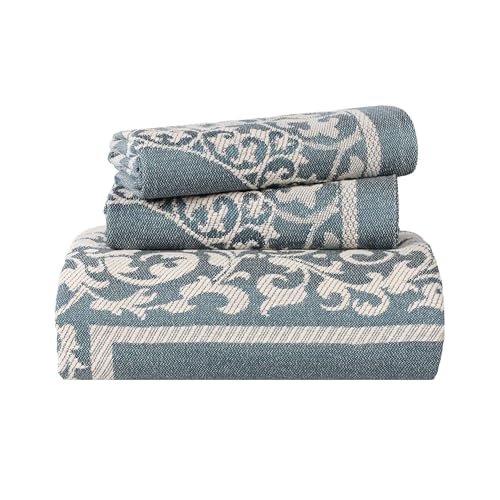SUPERIOR Cotton Blend Bedspread Set, Includes Oversized Bedspread and 2 Matching Pillow Shams, Light Weight Blanket, Jacquard Vintage Floral Mandala, Lyron Collection - King, Cerulean Blue - Image 1