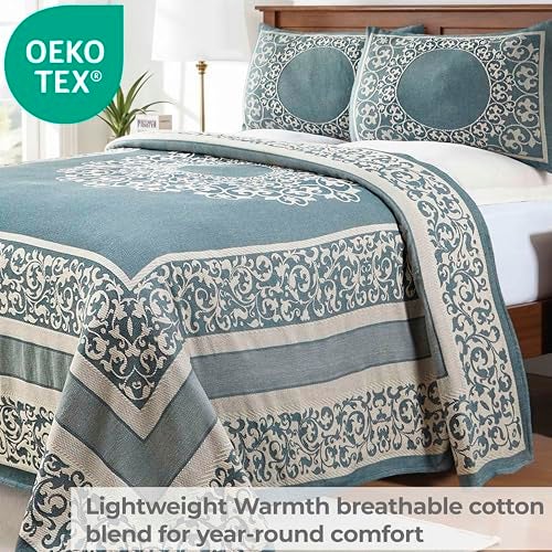SUPERIOR Cotton Blend Bedspread Set, Includes Oversized Bedspread and 2 Matching Pillow Shams, Light Weight Blanket, Jacquard Vintage Floral Mandala, Lyron Collection - King, Cerulean Blue - Image 5