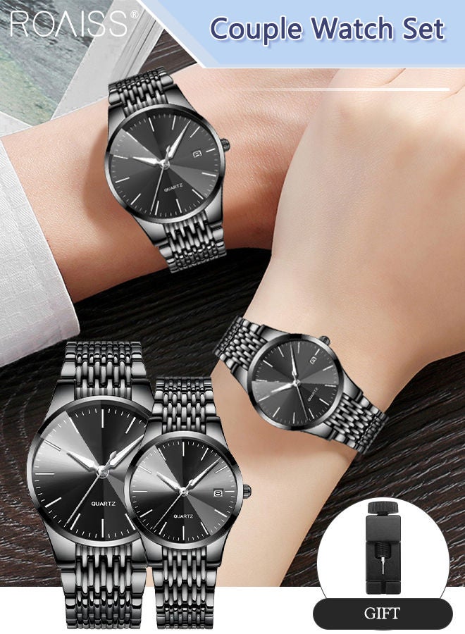 roaiss Alloy Strap Couple Quartz Watch Set, Analog Display Round Dial, Luxurious Luminous Waterproof Calendar Watch Gift for Men Women, Black - Image 1