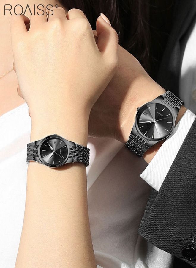 roaiss Alloy Strap Couple Quartz Watch Set, Analog Display Round Dial, Luxurious Luminous Waterproof Calendar Watch Gift for Men Women, Black - Image 2