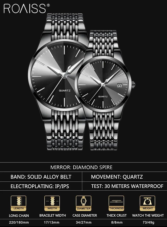 roaiss Alloy Strap Couple Quartz Watch Set, Analog Display Round Dial, Luxurious Luminous Waterproof Calendar Watch Gift for Men Women, Black - Image 3