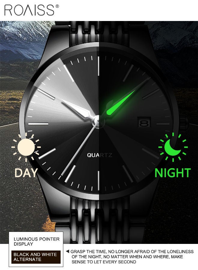 roaiss Alloy Strap Couple Quartz Watch Set, Analog Display Round Dial, Luxurious Luminous Waterproof Calendar Watch Gift for Men Women, Black - Image 4