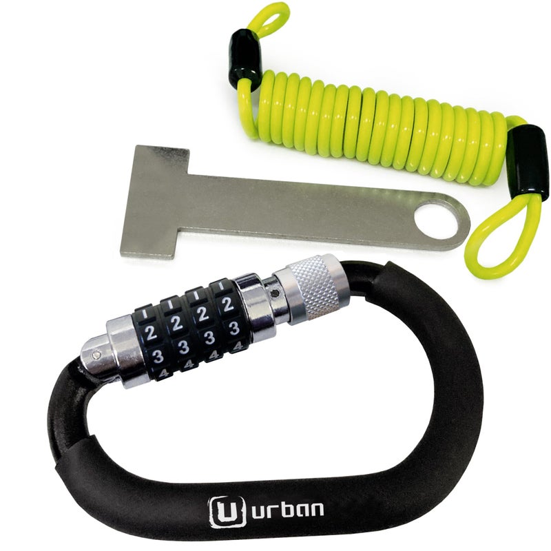 Urban UR140 Motorcycle Helmet Lock Carabiner with Safer 4 Digit Code T Buckle Adapter More Visible Braided Steel Security Cable Universal Anti Theft Accessory for Motorcycle and Bicycle Helmets