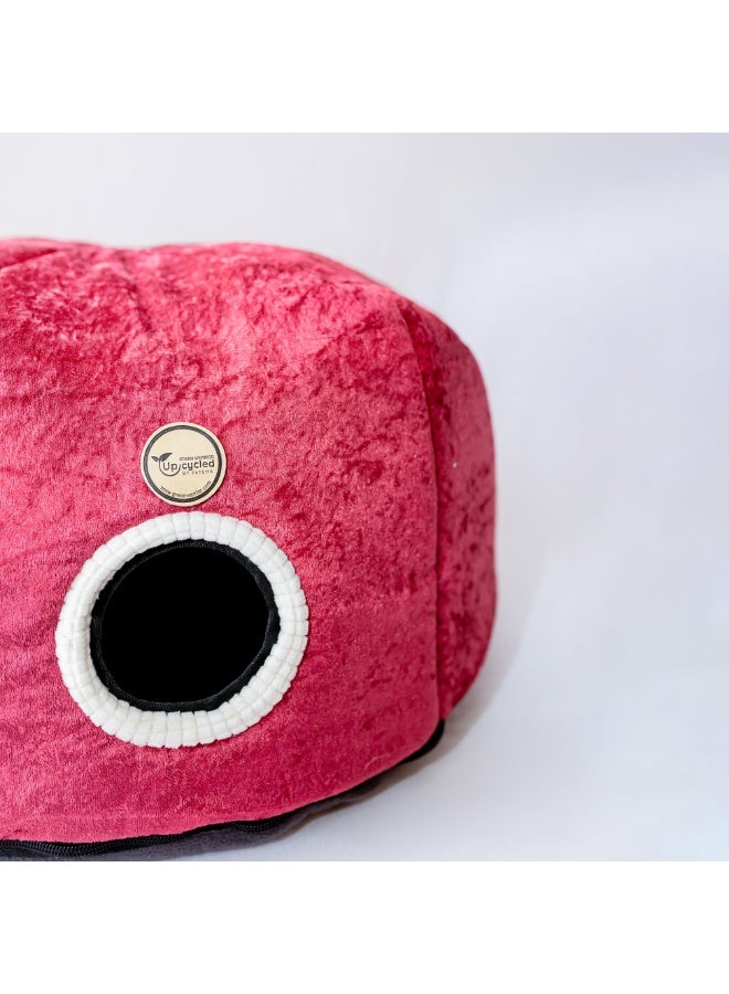 Plush Cat Cave Pet Bed – Cozy Red Velvet Indoor Cat House - Image 2