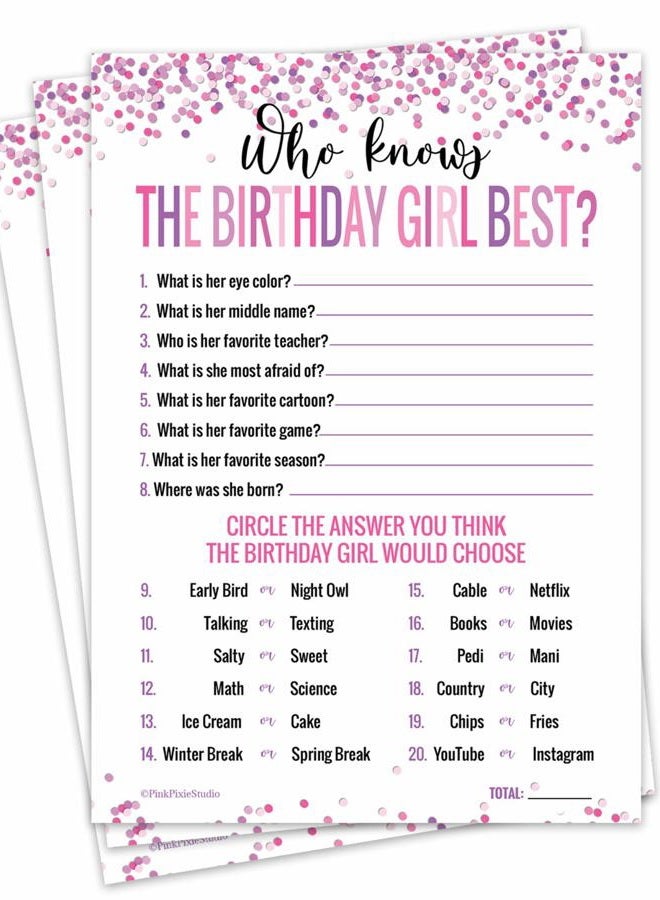 Pink Pixie Studio 30 Who Knows The Birthday Girl Best Game Cards- for Child or Teen- Fun and Easy Game for Party or Sleepover- Girl Birthday Supplies, Activity, Decorations - Image 1