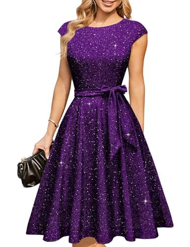 DRESSTELLS Cocktail Dresses for Women Wedding Guest 2024 Sparkly Holiday Prom Party Dress, Sequin Aline Modest Mother of Bride Midi Dress Glitter Grape L - Image 1