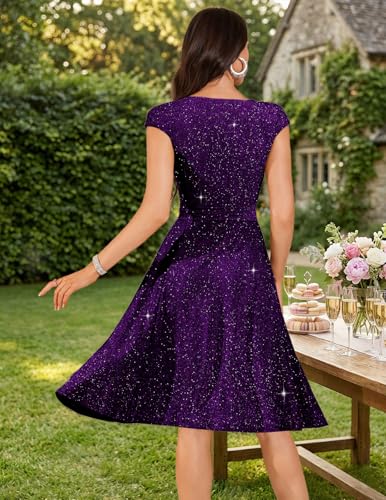 DRESSTELLS Cocktail Dresses for Women Wedding Guest 2024 Sparkly Holiday Prom Party Dress, Sequin Aline Modest Mother of Bride Midi Dress Glitter Grape L - Image 3