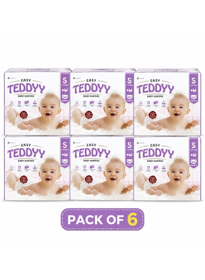 TEDDYY Easy Baby S Size Diaper Tape Style |66 Count (Small) | 3-8 kgs (Pack of 6) | Quick Absorbency | Extra Super Soft | Anti - Bacterial | Colour Changing Wetness Indicator with Adjustable Grip Tape