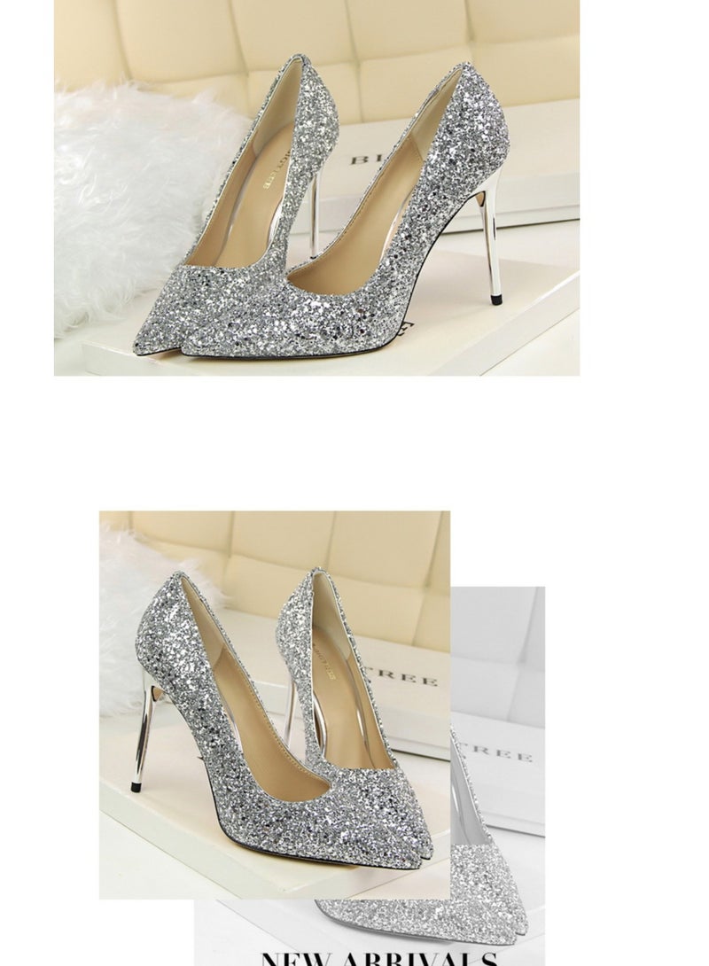 BIGTREE 10CM European-Style Women's Shallow Mouth Pointy Glitter Slim Heels Grey - Image 2