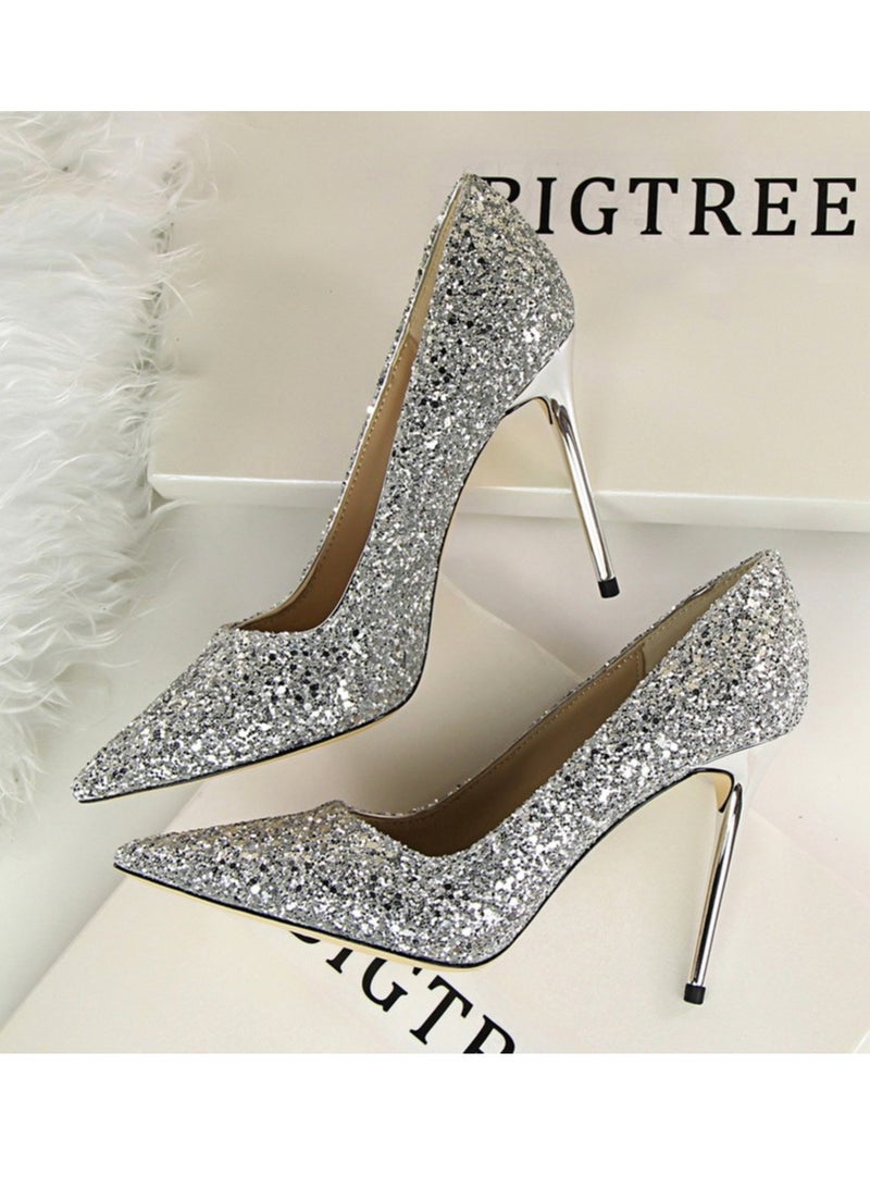 BIGTREE 10CM European-Style Women's Shallow Mouth Pointy Glitter Slim Heels Grey - Image 1