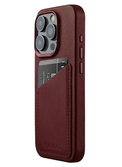 موجو حافظة جلدية Mujjo لهاتف iPhone 15 Pro - حافظة جلدية، متوافقة مع MagSafe، جلد أوروبي فاخر، مظهر نحيف وأنيق، حماية معززة لعدسات الهاتف والكاميرا، مواد معاد تدويرها (عنابي)