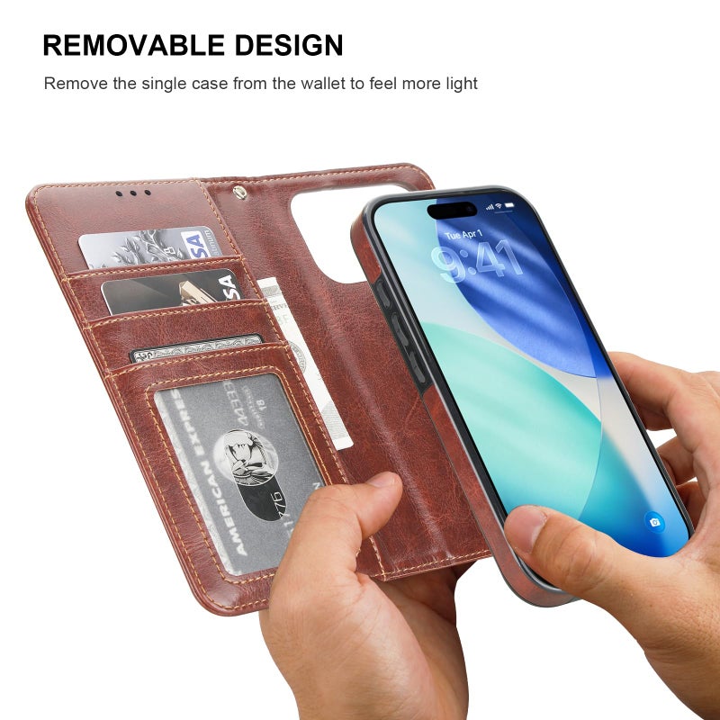 Bocasal for iPhone 17 Pro Wallet Case Compatible with MagSafe Wireless Charging, RFID Blocking Magnetic Leather Case with Card Slots Holder Kickstand Detachable Wrist Strap 6.3 Inch (Brown) - Image 3