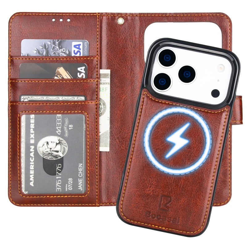 Bocasal for iPhone 17 Pro Wallet Case Compatible with MagSafe Wireless Charging, RFID Blocking Magnetic Leather Case with Card Slots Holder Kickstand Detachable Wrist Strap 6.3 Inch (Brown) - Image 1