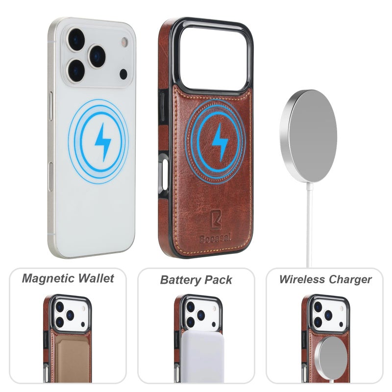 Bocasal for iPhone 17 Pro Wallet Case Compatible with MagSafe Wireless Charging, RFID Blocking Magnetic Leather Case with Card Slots Holder Kickstand Detachable Wrist Strap 6.3 Inch (Brown) - Image 4